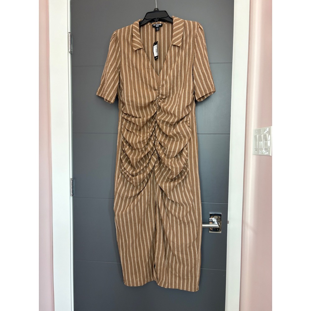 PrettyLittleThing Shape Brown Striped Ruched Midi Dress Short Sleeve US 10 NWT